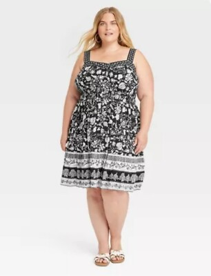#ad Knox Rose Womens Button Sleeveless Black White Floral Boho Dress Plus Size 2X $18.99