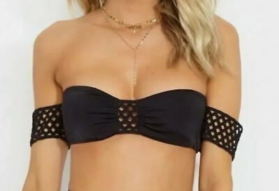 #ad Beach Bunny Hayden Off Shoulder Bikini On Black On Black Net Lace XL Rtl $130 $45.00
