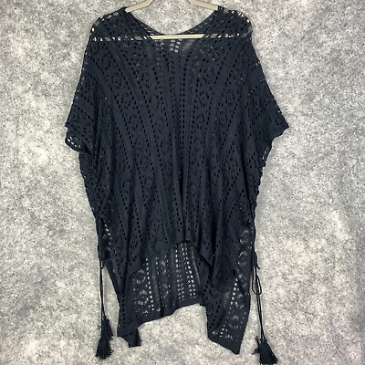 #ad #ad Womens Kimono Swim Cover Up One Size Black Crocheted V Neck Tasseled $4.49