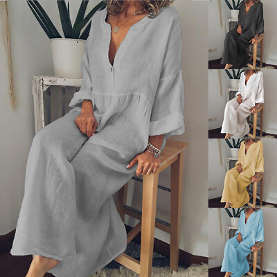 #ad Plus Size Women Cotton Linen Casual Loose Long Maxi Dress Kaftan Baggy Dresses $26.09