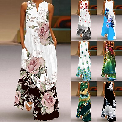 #ad Summer Dresses for Womens Casual V Neck Print Long Sleeveless Loose Maxi Dress $26.99