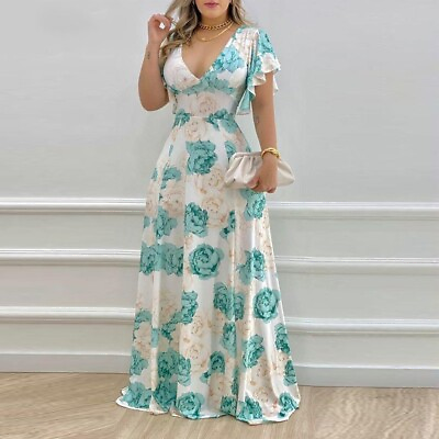 #ad Women Summer V Neck High Waist Floral Maxi Dress Ruffled Sleeves Party Ball Gown $27.57