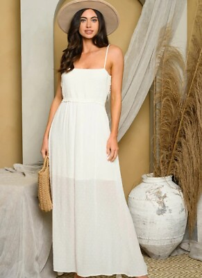 #ad Ivory White Maxi Dress Size Large Smocked Front Laced Back Split Leg $29.95