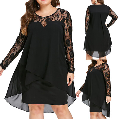 #ad Plus Womens Lace Long Sleeve Chiffon Mini Dress Ladies Loose Party Evening Gown $33.39