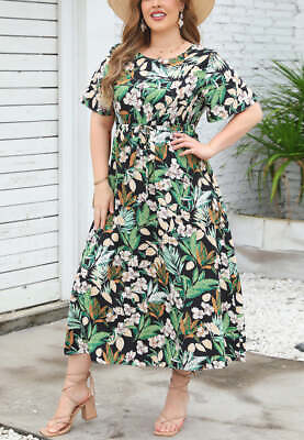 #ad Plus Size Tropical Floral Round Neck Tie Waist Flowy Maxi Dress $28.99