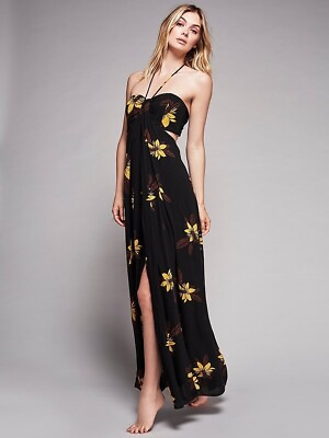 #ad Free People Black Floral Maxi Dress with Bandeau Halter Neck Size S $90.00