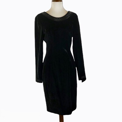 #ad Laura Ashley Black Velvet Cocktail Dress Long Sleeve Shimmery Beaded Trim Size 4 $31.42