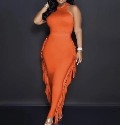 #ad Orange Sleeveless Tassel Bodycon Maxi Skirt Set For Women Size Small $20.00