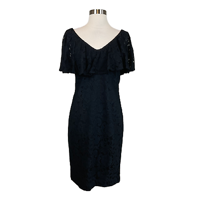 Ralph Lauren Women#x27;s Cocktail Dress Black Lace Ruffled V Neck Sheath Size 8 $69.99
