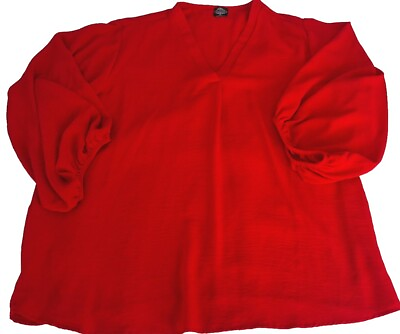 #ad Calstyle Women#x27;s Size 2XL Red Boho Peasant Top Balloon Sleeves V Neck Blouse $14.00
