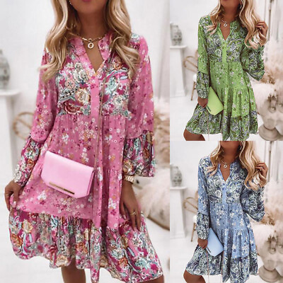 #ad #ad Women Floral Printed Tunic Mini Dress Ladies Summer Holiday Sundress Long Sleeve $29.25