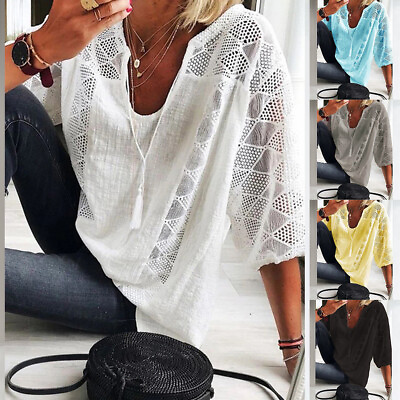 #ad Summer Women Lace Boho Tunic Tops Beach Cover Up Cotton Linen T Shirt Blouse Tee $19.33