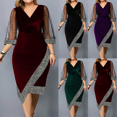#ad Plus Size Womens Floral Mesh Midi Dress Ladies Evening Cocktail Party Ball Gown $22.99
