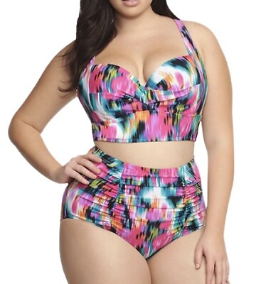 #ad TORRID 2 Swimsuit Push Up Multi Colored 2 Piece Ruffle Top Rouched Bottom $28.00