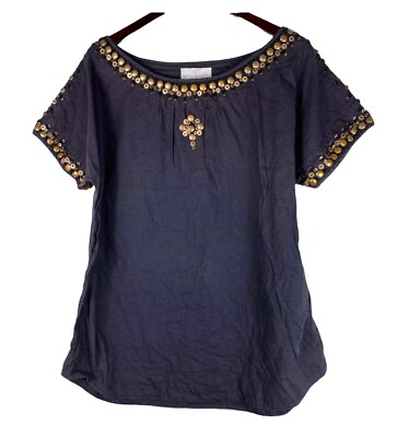 #ad Soft Surroundings Large 12 14 Top Tunic Shirt Linen Blend Beaded Gold Boho #4 $26.99