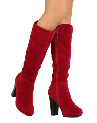 #ad Women Faux Suede Knee High Almond Toe Chunky Heel Boot $50.00