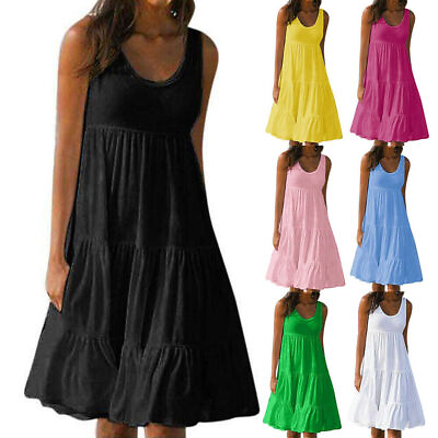 Women#x27;s Summer Smock Dress Ladies Casual Holiday Beach Baggy Frill Mini Sundress $14.36
