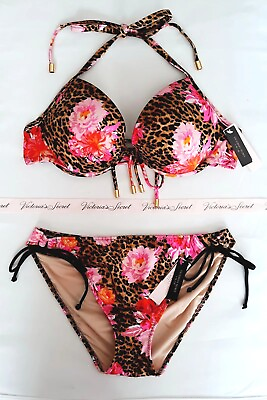 Victorias Secret Swim 2pc Set 36C Pushup Strappy FABULOUS size L Side Tie Bikini $43.95