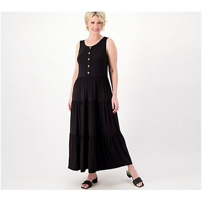 #ad Joan Rivers Women#x27;s Jersey Tiered Maxi Dress Petite Medium PM Black A596258 $18.52