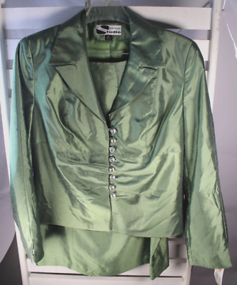 #ad Sharagano Womens Size 14 Green Crystal Buttons Jacket Pleated Flare Skirt Suit $44.99