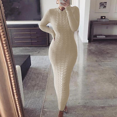 Women#x27;s Winter Warm Cable Knitted Jumper Dress Ladies Long Maxi Sweater Dresses $28.98
