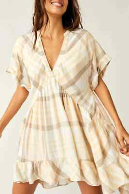 #ad Free People Agnes Plaid Mini V Neck Printed Short Sleeve Ruffle Boho Dress XL NT $101.37