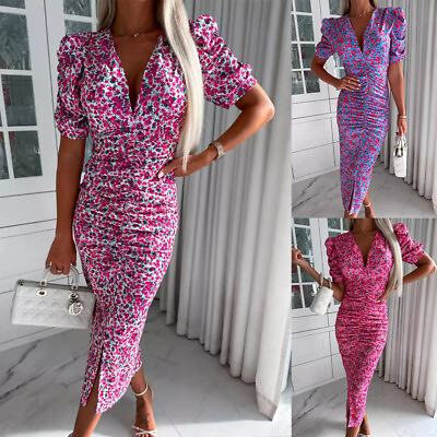 #ad Womens Summer Boho Floral Maxi Dress V Neck Ruffle Beach Holiday Long Sundress * $17.47