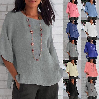 #ad Plus Size Womens Cotton Linen Tunic Tops Baggy Plain Casual Loose T Shirt Blouse $13.81