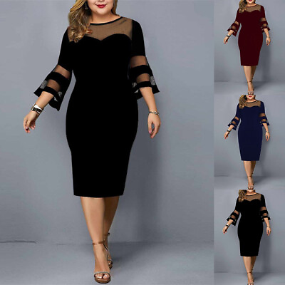 #ad Plus Size Womens Mesh Bodycon Midi Dress Ladies Party Evening Cocktail Ball Gown $26.29