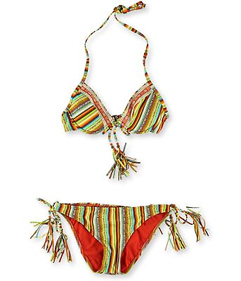 #ad Lucky Brand Womens Santiago Beaded Side Tie 2 Piece Bikini Orange Small $56.64