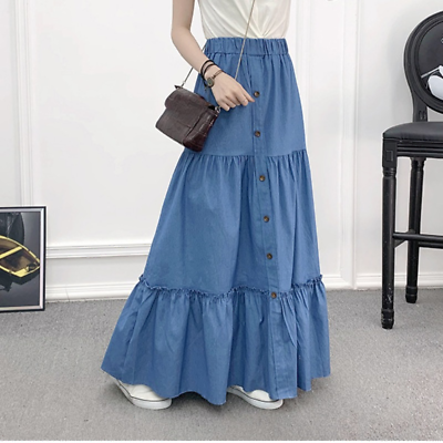 #ad Women A line Denim Skirt Long Maxi Elastic Waist Boho Pleated Tiered Casual $29.36