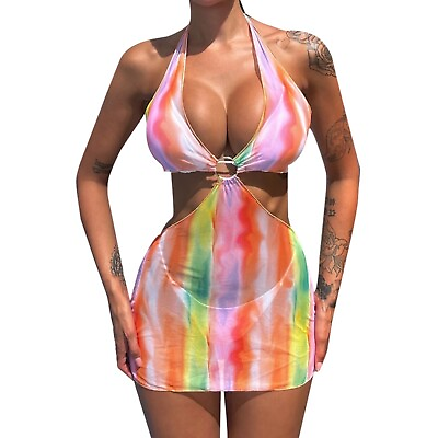 #ad Sexy Rainbow Print Swimsuit Three Piece Summer Beach Teen Swim Suits Girls $18.83