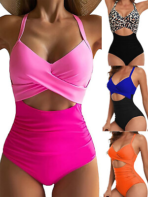 #ad Women#x27;s color contrast patchwork sexycutoutcross strap bikini one piece swimsuit $27.99