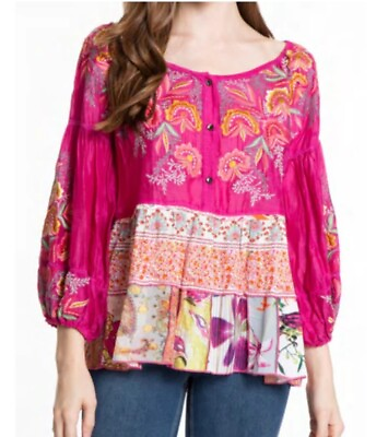 #ad Jodifl Top Blouse Women#x27;s 1X Pink Embroidered Patchwork Boho Beachy Balloon $19.99