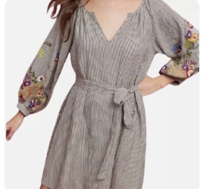 #ad Anthropologie Feather Bone Striped Floral Boho Dress Embroidered Dress Size M $24.50