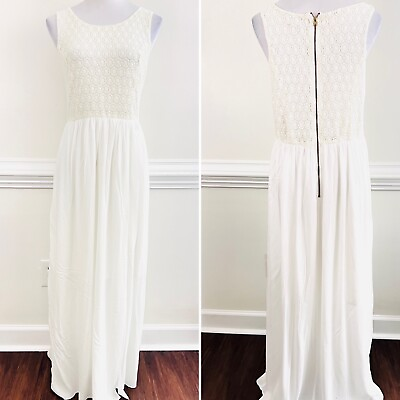 #ad CATO White Chiffon amp; Knit Zip up Long Flowy Maxi Dress Plus Size 14 16W $20.00