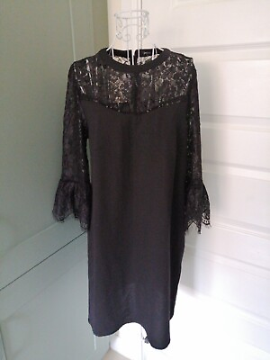 #ad Ladies Black Lace Dress 3 4 Flared Sleeve Short Party Evening Size 10 Black BNWT GBP 12.00