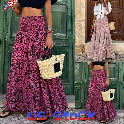 #ad Women#x27;s Elastic Waist Boho Floral Maxi Skirt Long Holiday Beach Summer Skirts $21.94