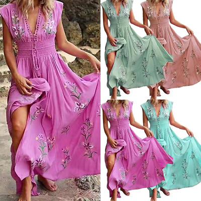 #ad Womens Summer Boho Long Maxi Beach Dress Ladies Evening Party Floral Sundress $19.99