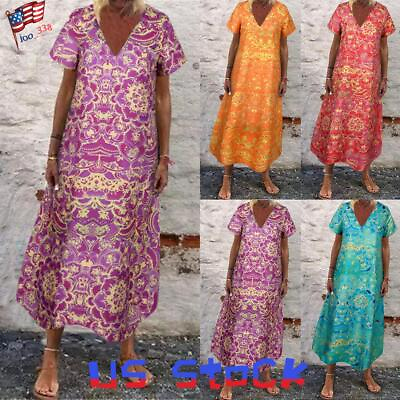 #ad Women#x27;s Beach Long Dress Floral Boho Holiday Maxi Dresses V Neck Shirt Sundress $13.79