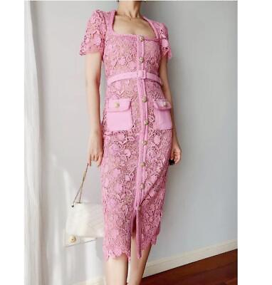#ad Womens Lang Dress Summer Lace Long Dress Hollow Pink Guipure Lace Midi Dress New $55.99