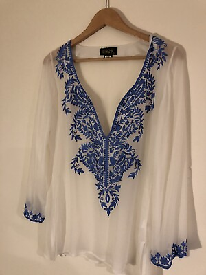 #ad ATHENA BLUE EMBROIDERED SHEER WHITE BEACH COVER UP TUNIC TOP $16.99