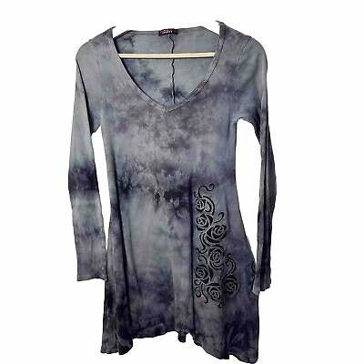 #ad T Party Tunic Womens Gray Boho Floral Embroidery Ribbed Tie Dye Swing Top Small $34.00