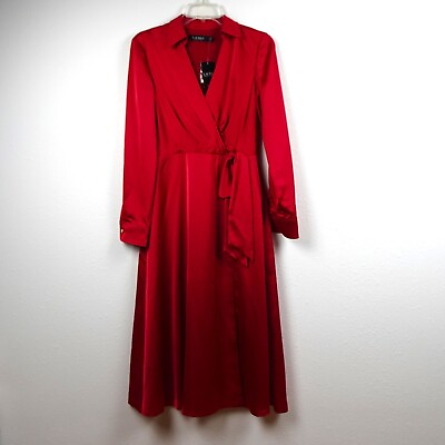 #ad Ralph Lauren Red Cocktail Dress Women’s Size 0 Long Sleeve Satiny Midi $48.88