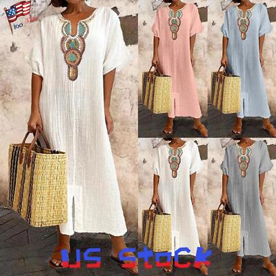#ad Women Casual Tunic Kaftan Maxi Dress Boho Short Sleeve Beach V Neck Summer Dress $21.61