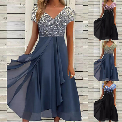 #ad Plus Size Women Print Short Sleeve Swing Dress Evening Cocktail Party Midi Gown❀ $18.12