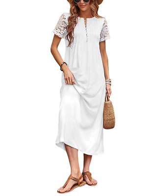 #ad Floral Blooming White Lace Sleeve Maxi Dress Women Size M $25.87