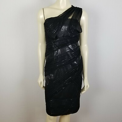 #ad Tadashi Shoji one shoulder mesh tulle and sequin cocktail black dress sz 4 $99.99