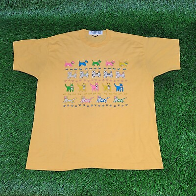 Vintage 90s Cute Colorful Cats Dogs T Shirt XL Oversized Yellow Single Stitch $28.50