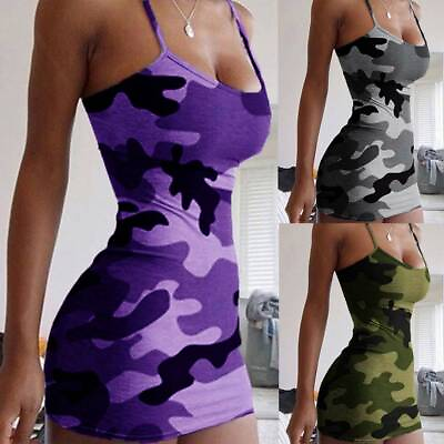 #ad Womens Strappy Camo T Shirt Sundress Long Camisole Tank Tops Vest Mini Dress $13.15